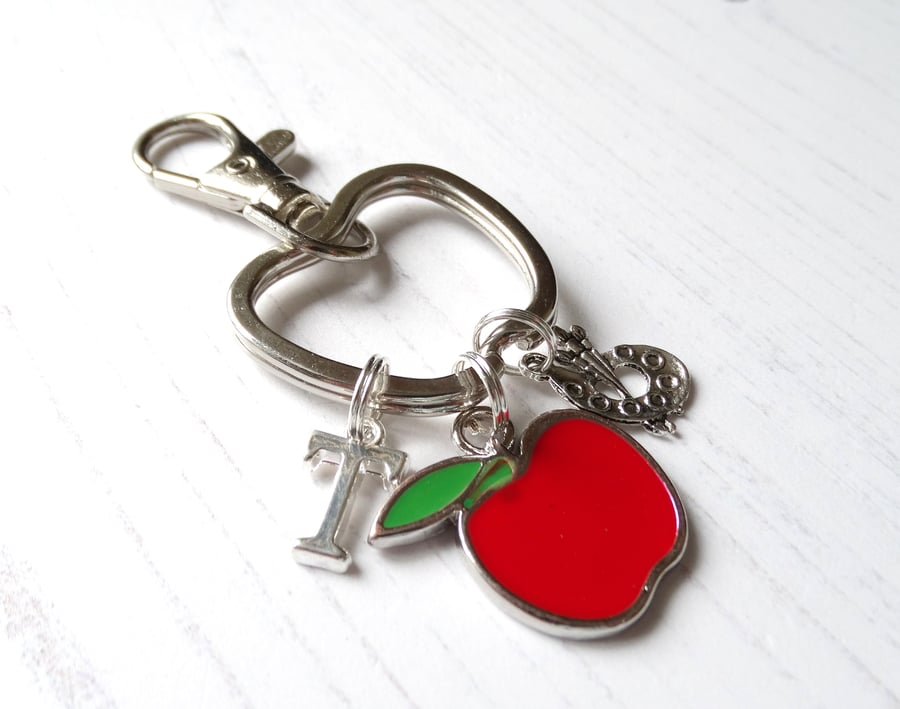 Personalised Red Apple and Artist Palette Keyring for Teacher