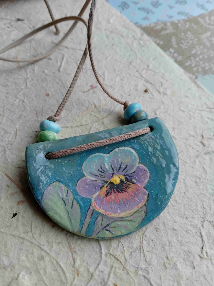 Pansy necklace pendant rustic porcelain clay handpainted pottery
