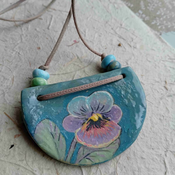 Pansy necklace pendant rustic porcelain clay handpainted pottery