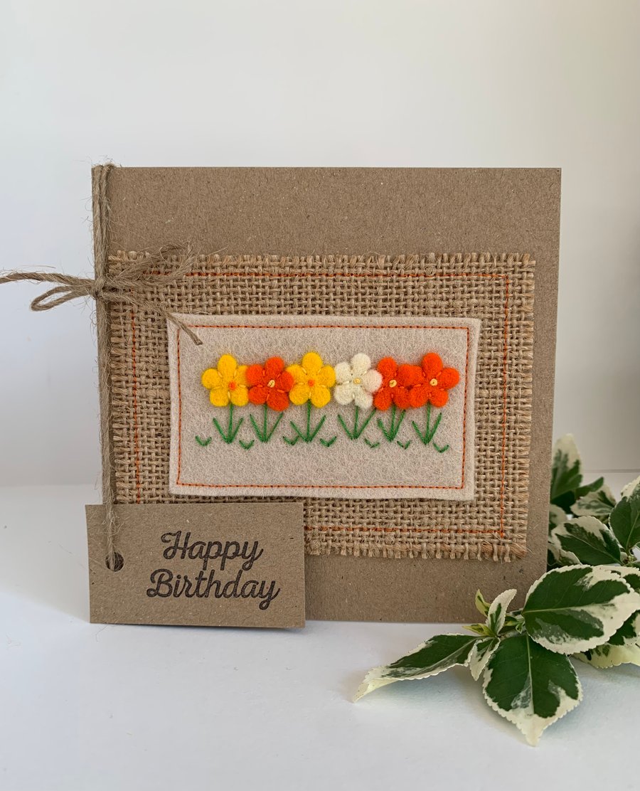 Handmade Birthday card. Orange and yellow flowers from wool felt. Keepsake card.