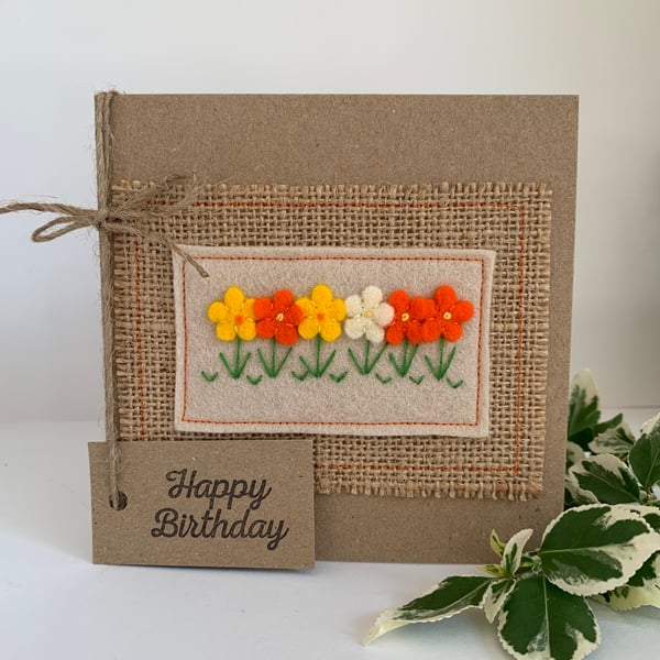Handmade Birthday card. Orange and yellow flowers from wool felt. Keepsake card.