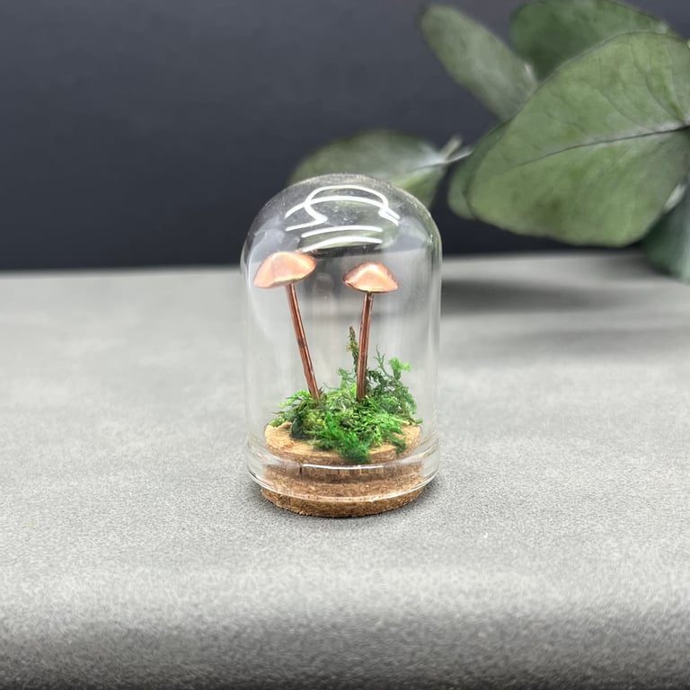 Miniature Toadstool Bell Jar Cloche Woodland Mushrooms Handmade Scene