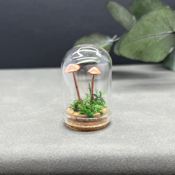 Miniature Toadstool Bell Jar Cloche Woodland Mushrooms Handmade Scene