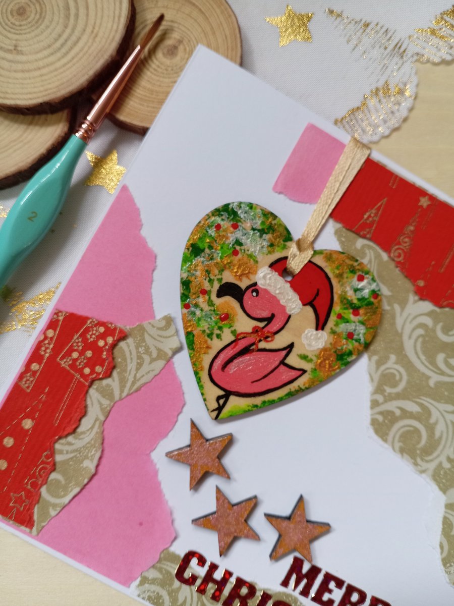Christmas card with a wooden flamingo decoration