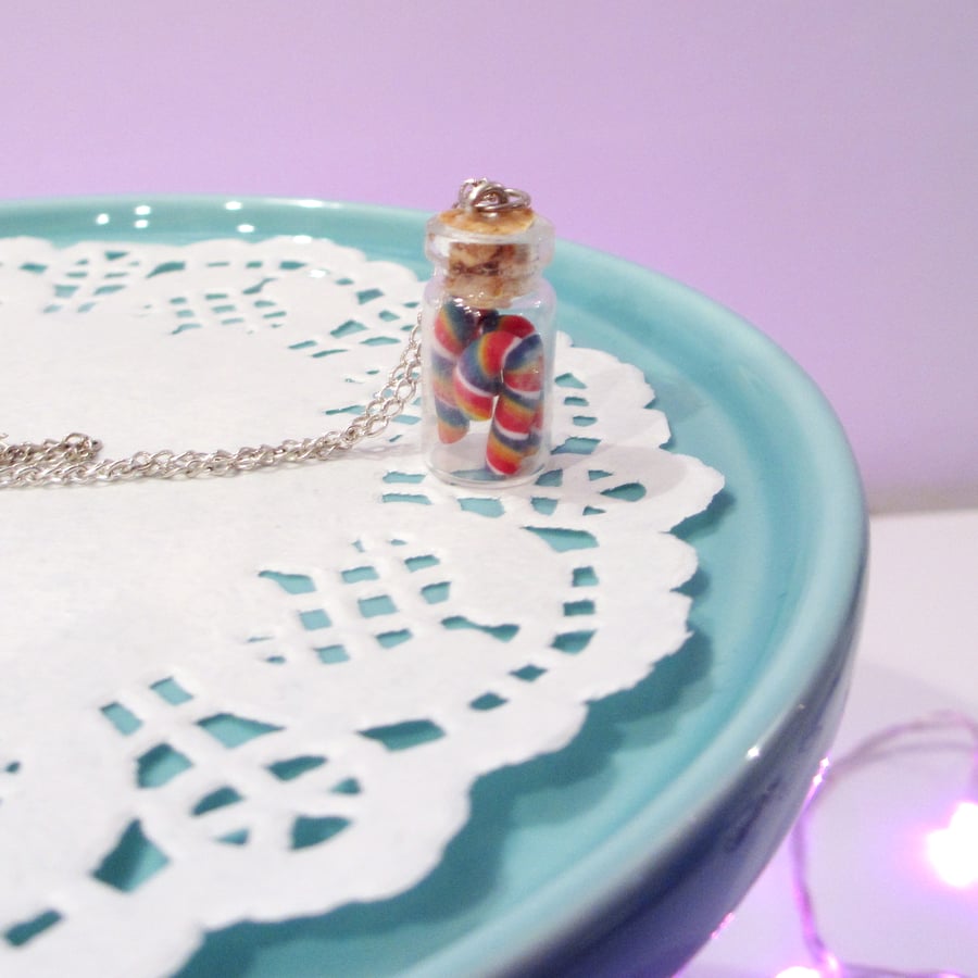 Retro Miniature Multicoloured Candy Canes in a jar necklace Quirky, fun, unique