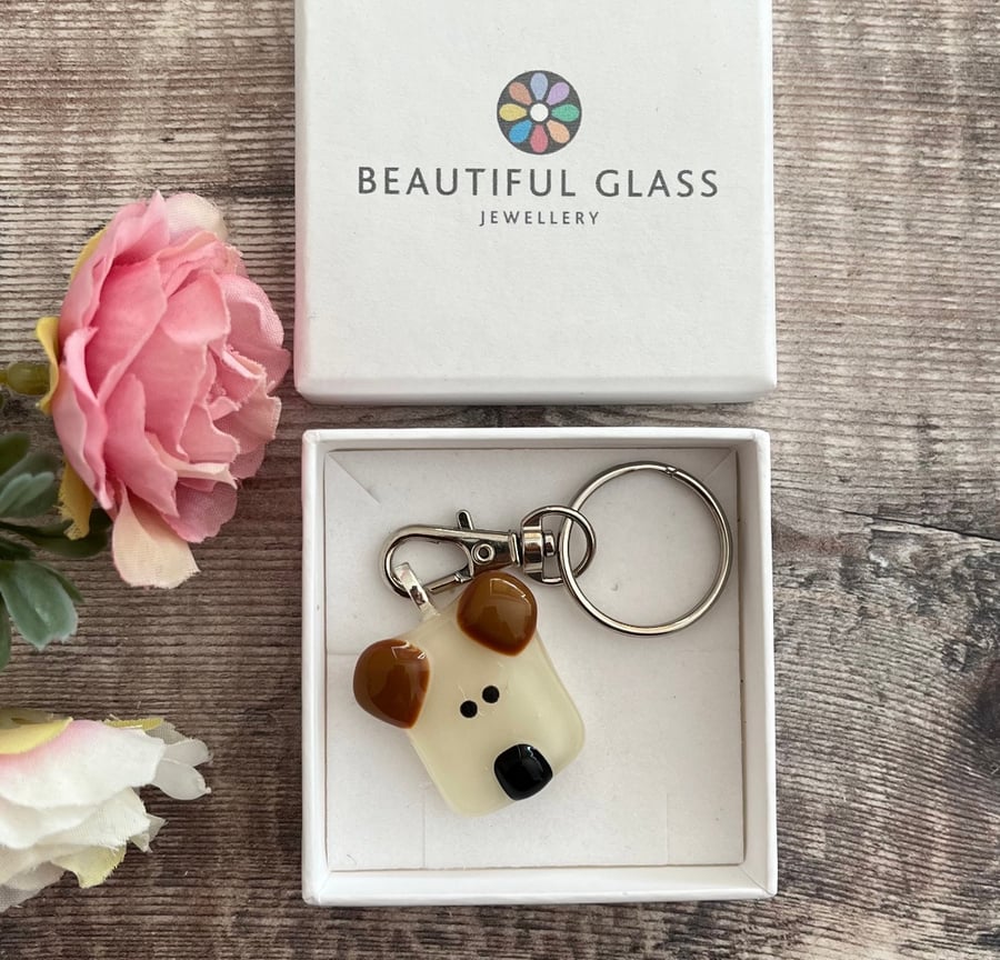 Cream and brown dog keyring - fused glass puppy