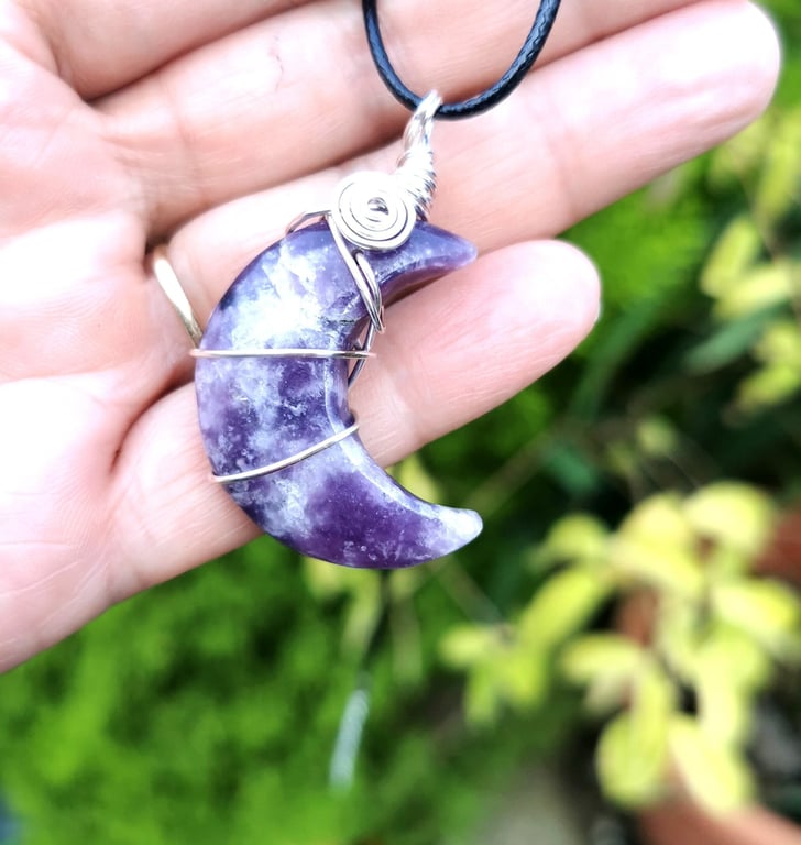 Moon necklace lepidolite stone, silver pendant birthday gift