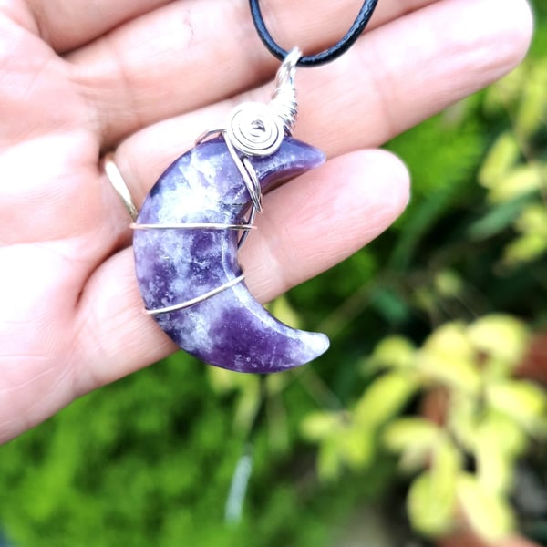 Moon necklace lepidolite stone, silver pendant birthday gift