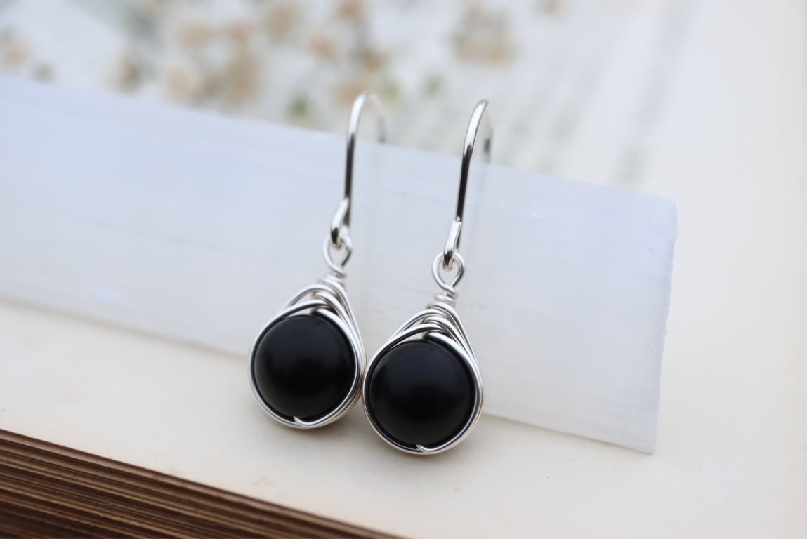 Black Jet Drop Earrings in Sterling Silver