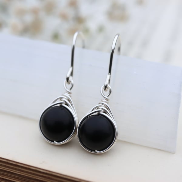 Black Jet Drop Earrings in Sterling Silver