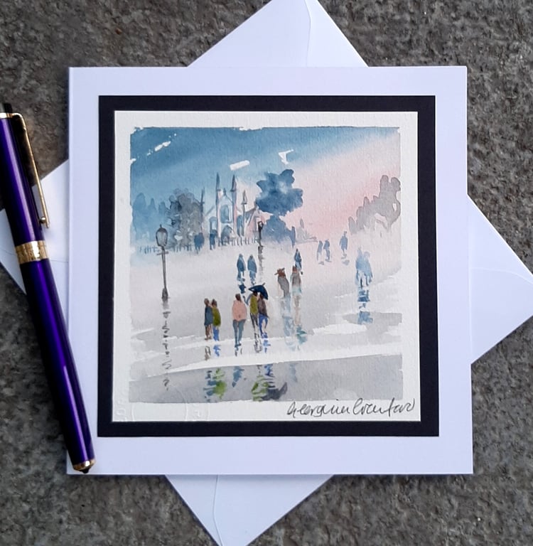 Blank Card. Rainy Distant Church. Handpainted Card Keepsake. Handmade Card