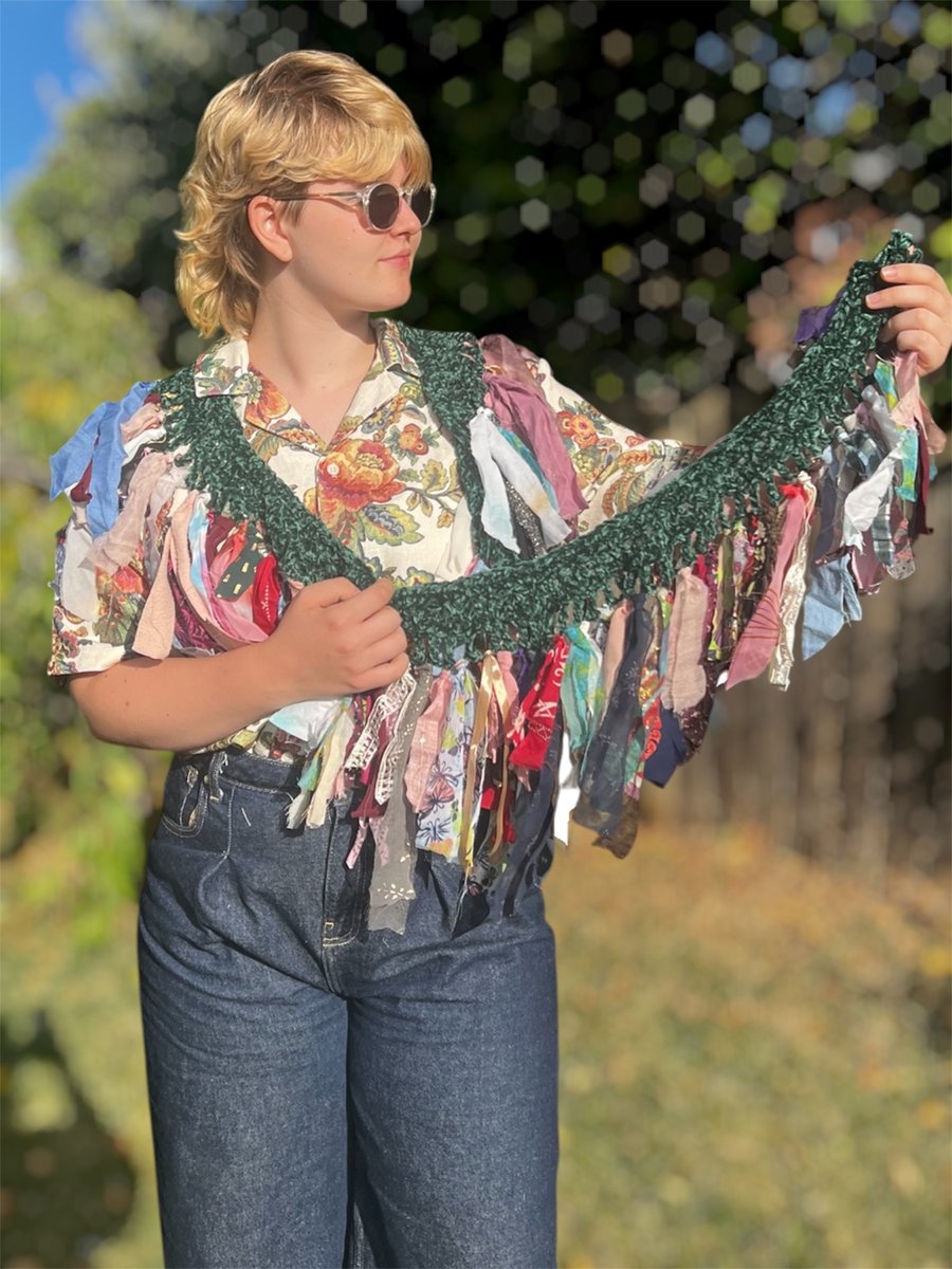Upcycled Forest Green Velvet Fringe Wrap - Boho Scarf - Reclaimed Fabric Shawl