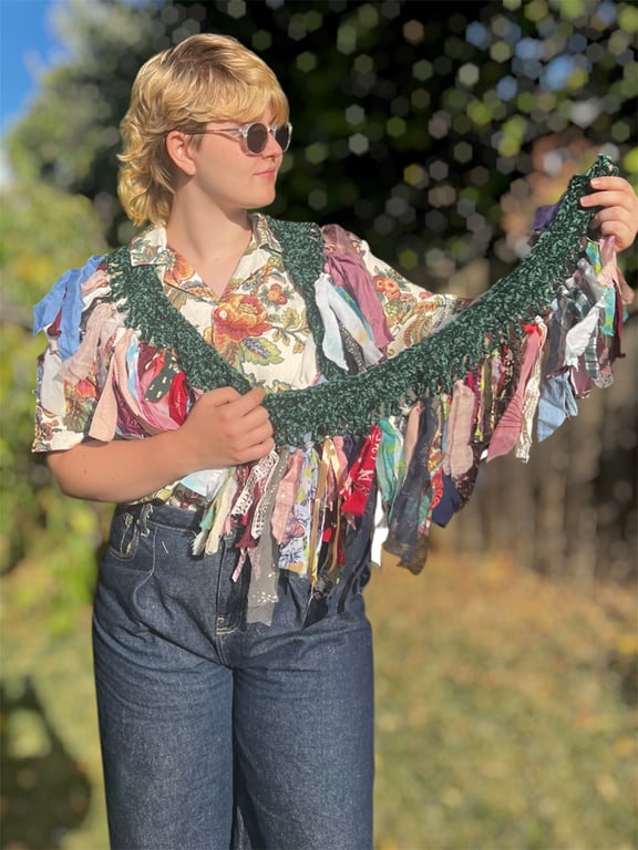 Upcycled Forest Green Velvet Fringe Wrap - Boho Scarf - Reclaimed Fabric Shawl