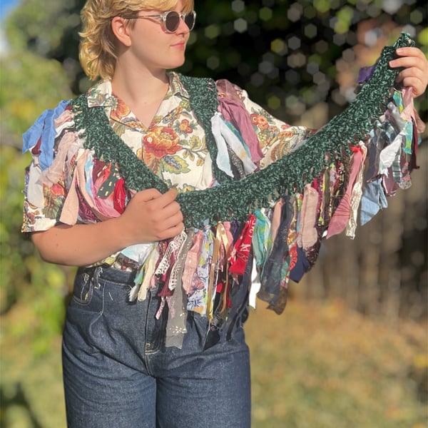 Upcycled Forest Green Velvet Fringe Wrap - Boho Scarf - Reclaimed Fabric Shawl