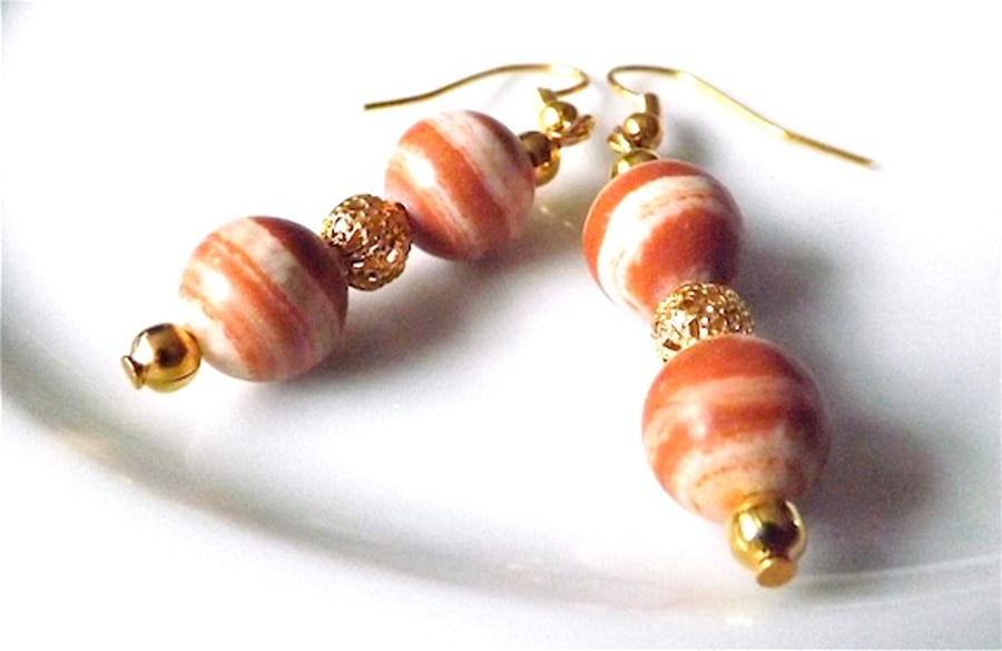 Earrings for pierced ears, exquisite red banded jasper gem stone dangle.