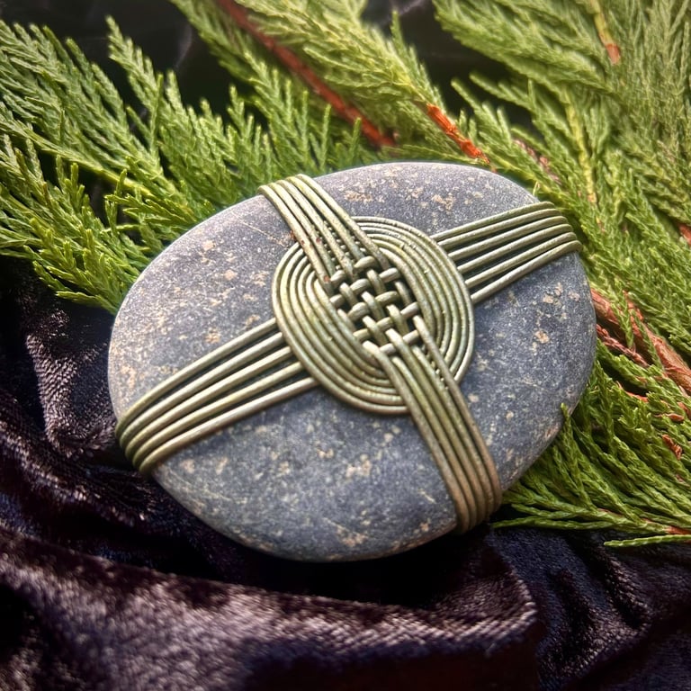Green Leather Woven Cross Meditation Stone, Japanese Wrapped Rock, Zen Stone