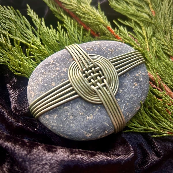 Green Leather Woven Cross Meditation Stone, Japanese Wrapped Rock, Zen Stone