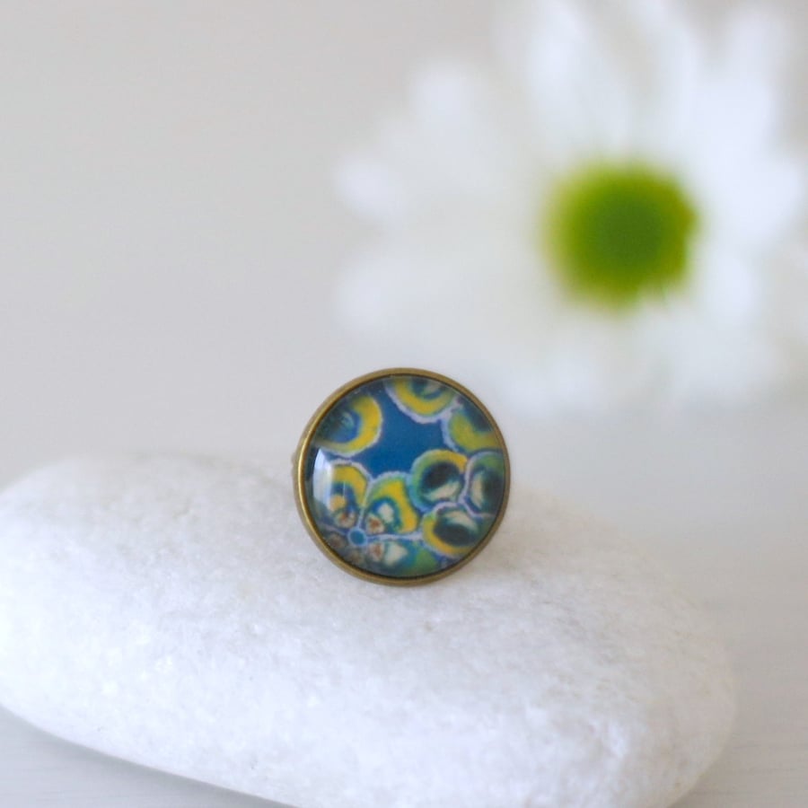 Teal Floral Adjustable Ring with Glass Cabochon and Art Print