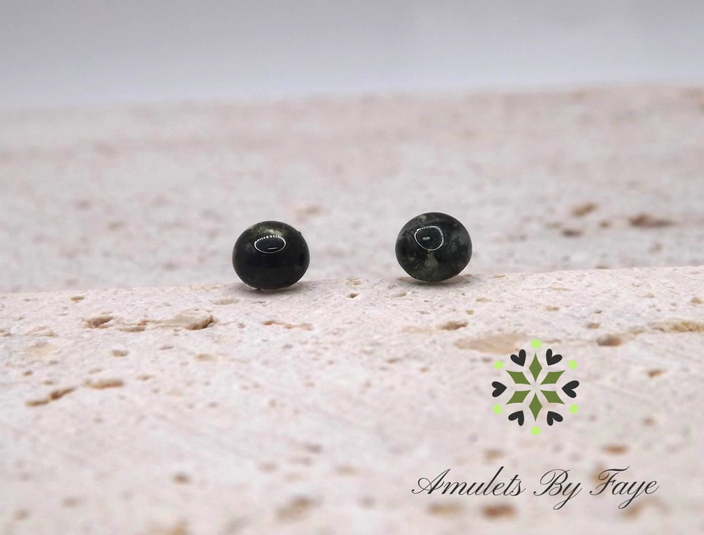 Natural Green Moss Agate 5mm Gemstones, Sterling Silver Stud Earrings.