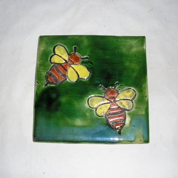 POTTERY DECORATIVE TILE COASTER WITH BEES