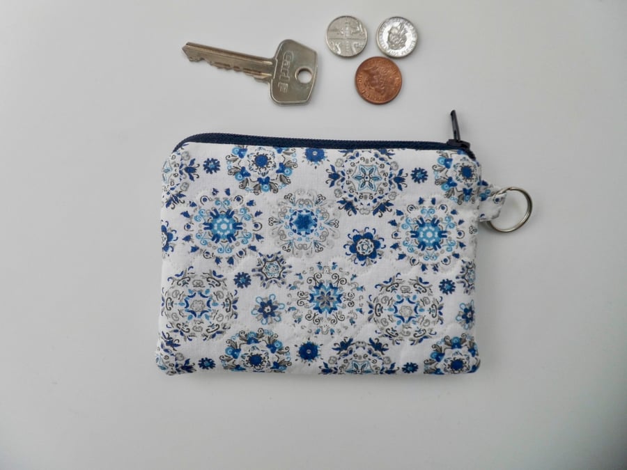 Coin purse in blue and white print fabric