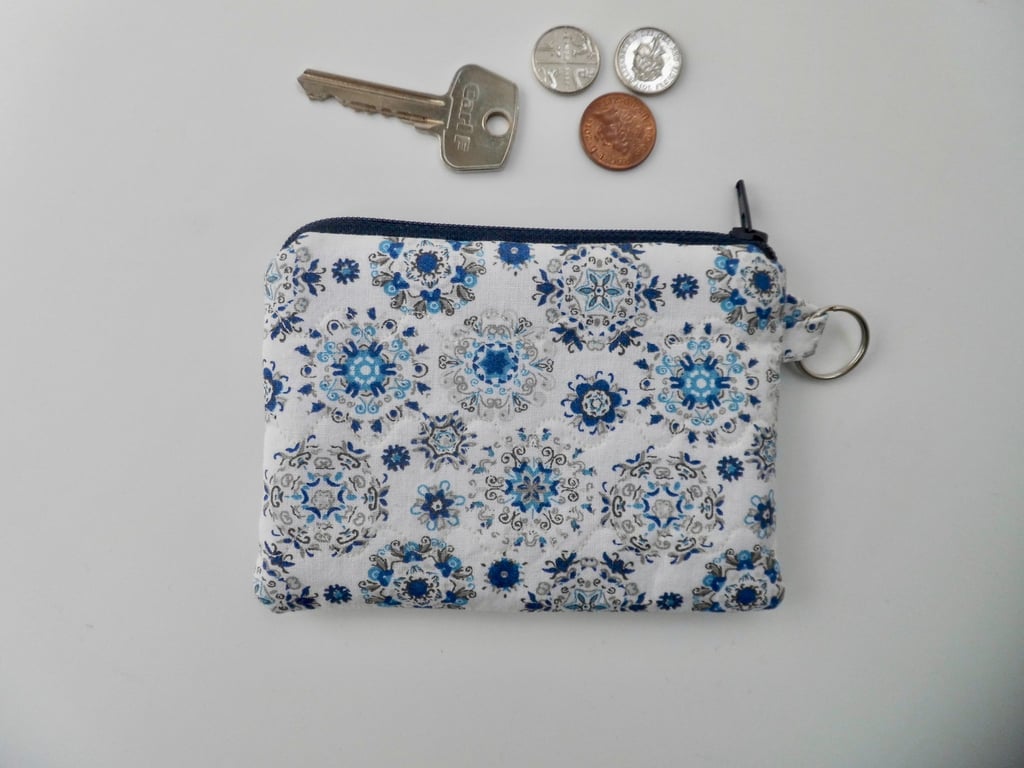 Coin purse in blue and white print fabric