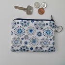 Coin purse in blue and white print fabric