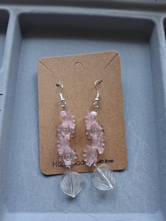 flower beads dangle earring with leaf bead at end