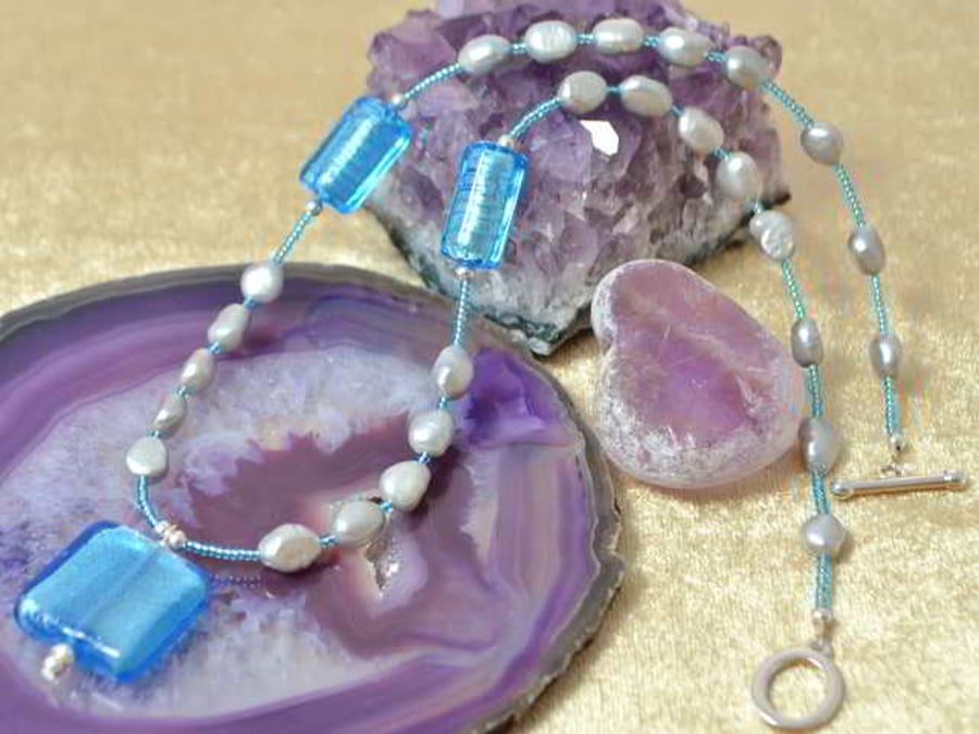 Blue Murano Glass & Grey Pearl Necklace