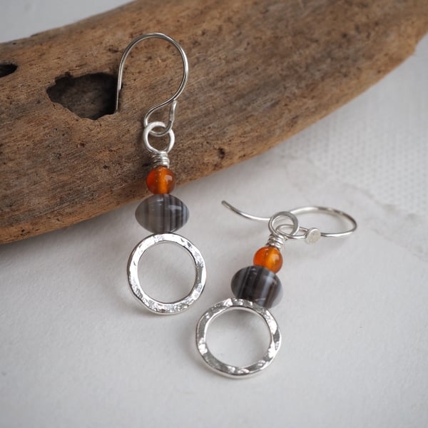 Earrings, Silver Earrings with Banded Agate & Carnelian Beads