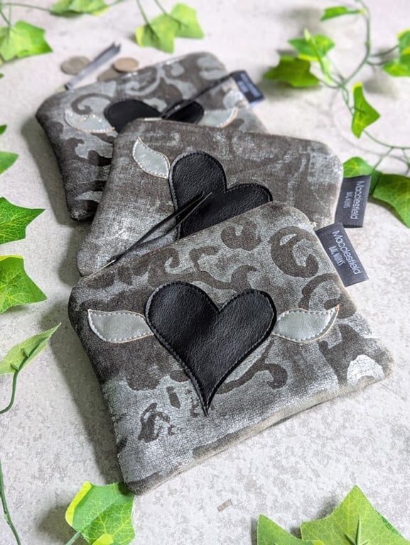 Silver and Grey Chenille Purse with Black and Silver Heart and Wings Motif 