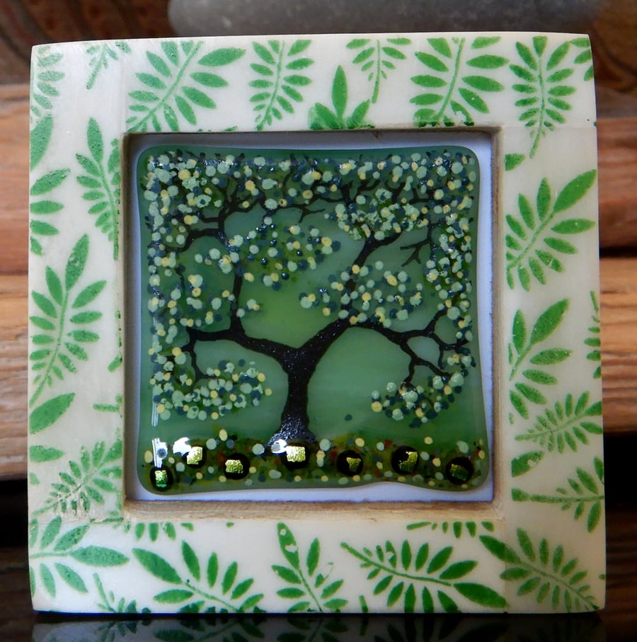 Handmade Fused Glass 'Spring Tree' framed picture.