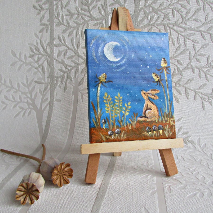 Hare Gazing at the Moon Small Painting on canvas and with an easel