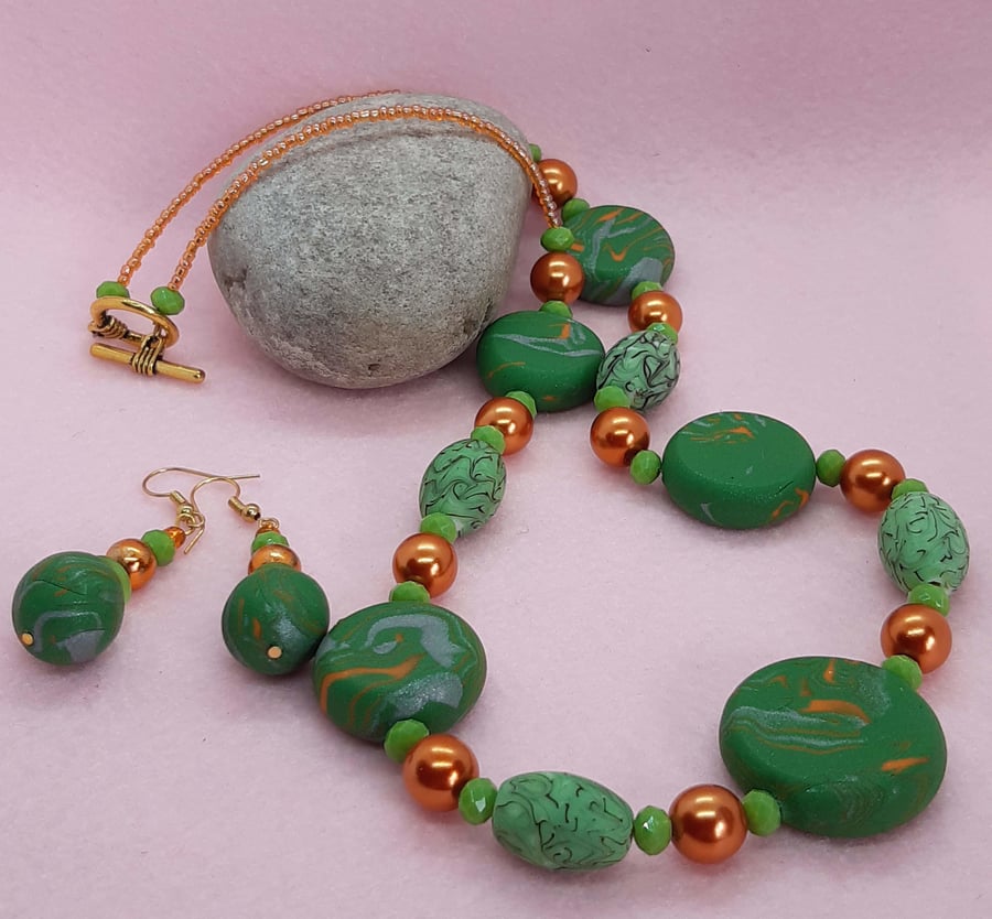 Green and burnt orange necklace and matching earrings