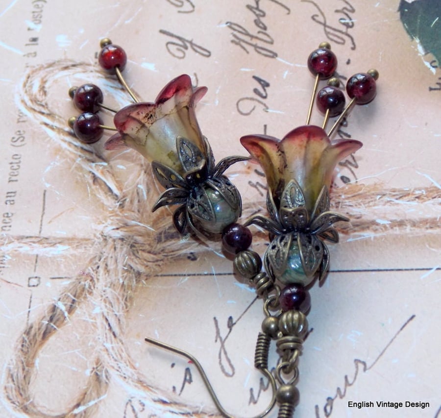 Green and Red "Sorrel" Hand Painted Lucite Flower Earrings, Floral Boho Dangle 