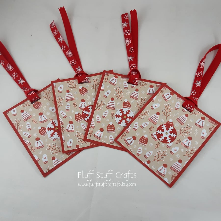Pack of 4 handmade Christmas gift tags - woolly hats and mittens