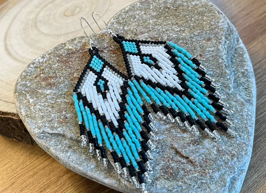 Native Southwestern style bead woven fringe earrings in turquoise and white
