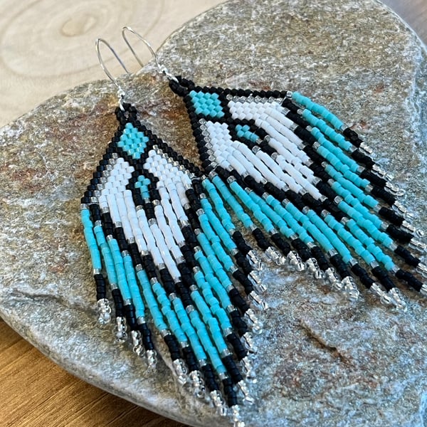 Native Southwestern style bead woven fringe earrings in turquoise and white