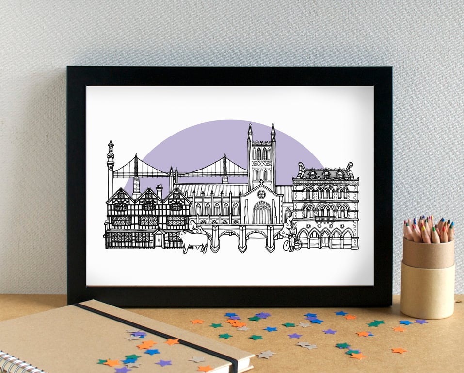Hereford Landmarks Skyline Art Print