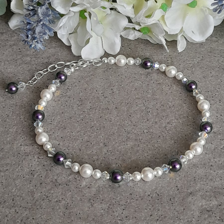  Anklet Sterling Silver White and Purple Pearl With Crystals