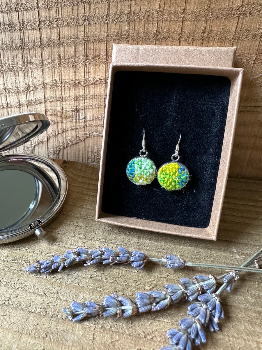 Drop Earrings in Colourful Spring Plaid Hand Dyed & Woven British Wool 