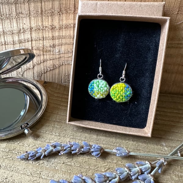 Drop Earrings in Colourful Spring Plaid Hand Dyed & Woven British Wool 