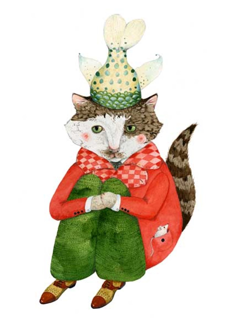 Cat print Cat in a Fishtail Hat A4 Giclee print