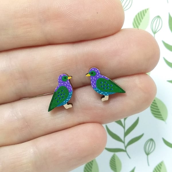 Starling Earrings, Wooden Bird Studs, Silver Plated or Sterling Silver Backs