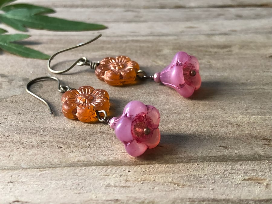 Pink & Orange Czech Glass Flower Earrings. Dangly Boho Spring Summer Floral