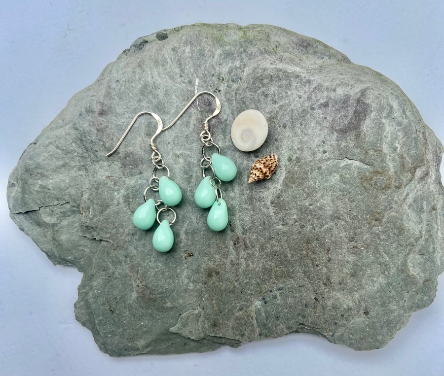 Sterling Silver Fish Hook Earrings with Aqua Blue Teardrop Beads