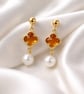 Freshwater Pearl and Four Leaf Clover Gold Plated Earrings - Image 4