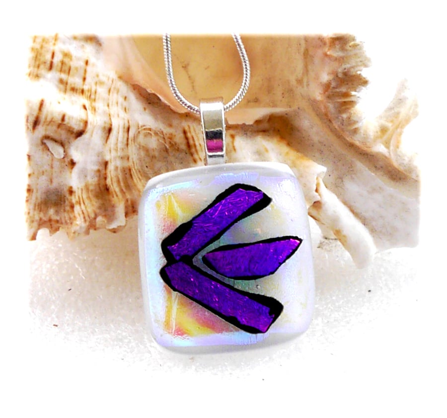 White Dichroic Glass Pendant 139 Purple Shine with silver plated chain