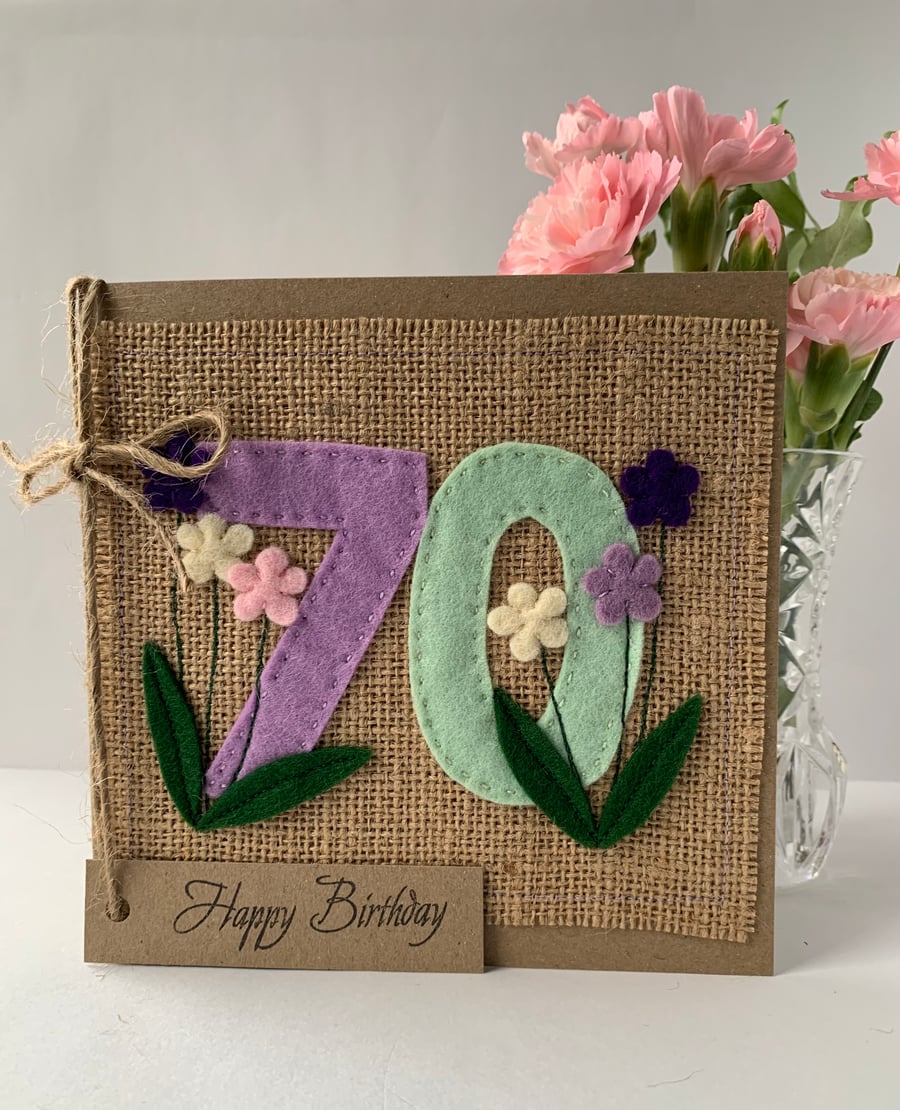 Handmade 70th Birthday Card from felt. Keepsake Card. Textile Card.