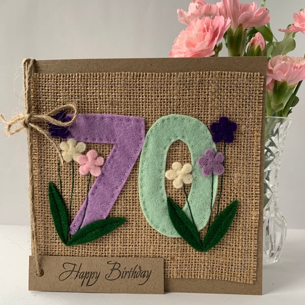 Handmade 70th Birthday Card from felt. Keepsake Card. Textile Card.